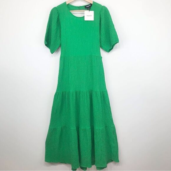Desigual Green Textured Open Back Tiered Puff Sleeve Dress NEW - Picture 6 of 16